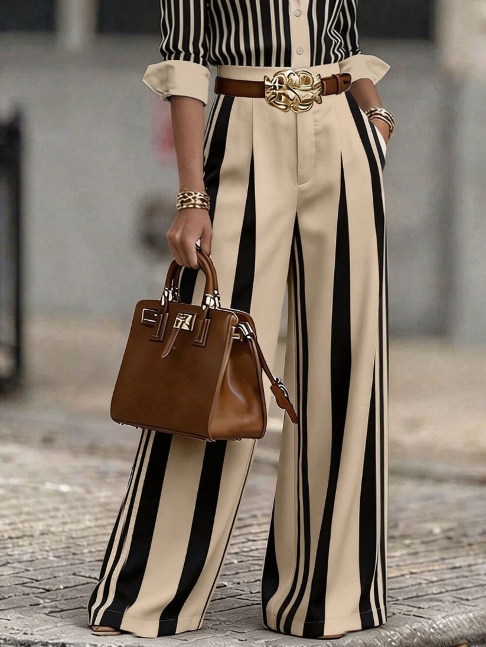 Khaki Elegant Women's French Style Side Stripe Wide-Leg Pants